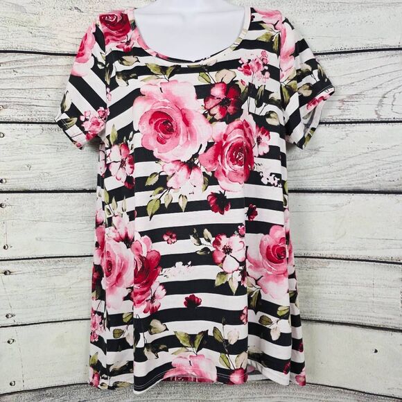 Lularoe Perfect Peach Floral Stripe Print Short Sleeve Top Size L - Picture 1 of 7